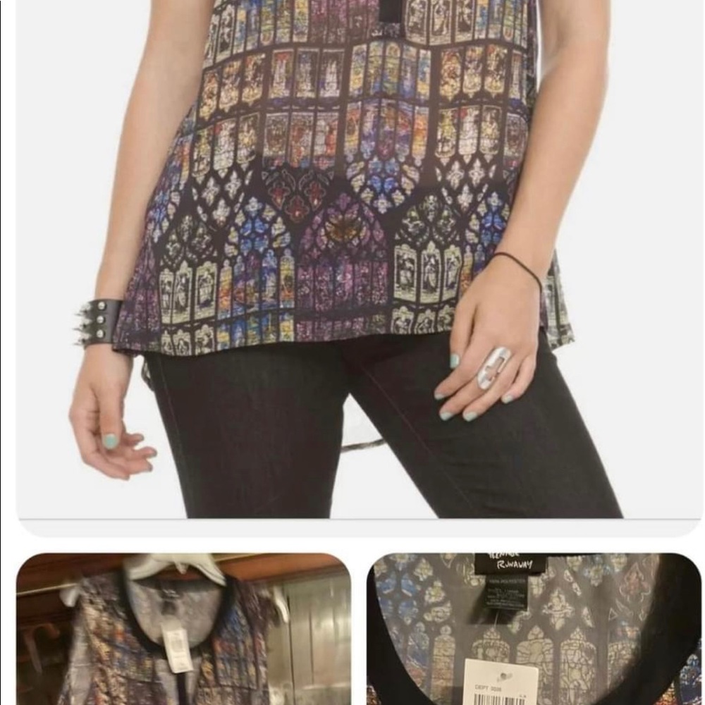 Two XL brand-new with tags sheer stain glass high low long sleeveless blouse